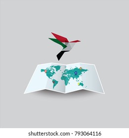 Bird of Peace in the World in Sudan Flag. Image of a vector world map with a colorful gray background. Vector illustration eps 10. 