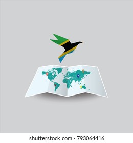 Bird of Peace in the World in Tanzania Flag. Image of a vector world map with a colorful gray background. Vector illustration eps 10. 