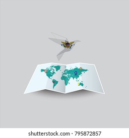 Bird of Peace in the World in United States Virgin Islands
 Flag. Image of a vector world map with a colorful gray background. Vector illustration eps 10. 