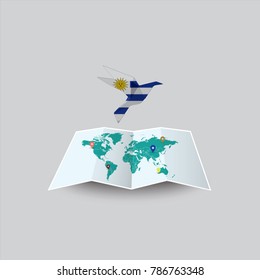 Bird of Peace in the World in Uruguay Flag. Image of a vector world map with a colorful gray background. Vector illustration eps 10. 