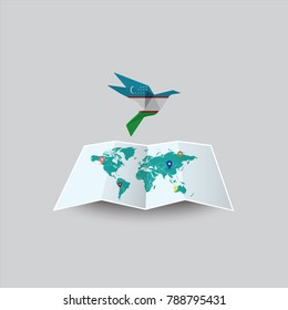 Bird of Peace in the World in Uzbekistan Flag. Image of a vector world map with a colorful gray background. Vector illustration eps 10. 