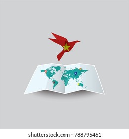 Bird of Peace in the World in Vietnam Flag. Image of a vector world map with a colorful gray background. Vector illustration eps 10. 