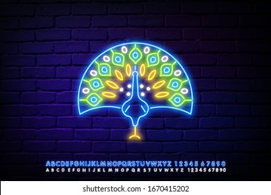 Bird peacock neon shiny vector illustration. Bright icon in neon style with text.
