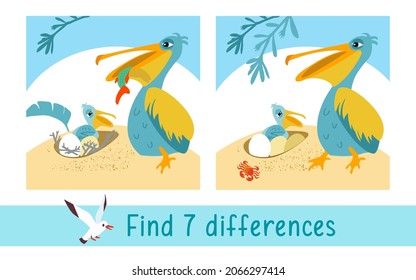 Bird pelican with fish in beak. Nest with chick in sand. Find 7 differences. Game for children. Activity, vector.