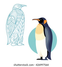 Bird penguin. Flat icon and template for adult coloring, zen tangle. Set of vector animals in different unusual style. Illustration collection of nature objects isolated on white background.