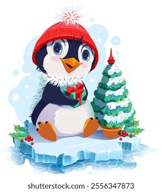 Bird penguin in red santa hat sit ice floe and hold christmas gift box. Vector cartoon illustration xmas greeting card