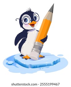 Bird penguin teacher with glasses holding big pencil. Vector cartoon illustration isolated on white