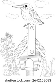 Bird Perched on Birdhouse Line Art, Black and white line art illustration of a bird perched on top of a wooden birdhouse. The bird is detailed with feathers and a long beak. The scene includes