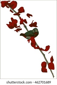 Bird perched on the branch of a red flower, vector, illustrator, eps10.