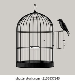 Bird perched the open door birdcage  Vintage engraving black   white stylized drawing  Vector illustration