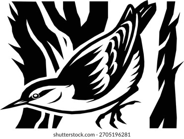 A bird is perched on a tree branch in a black and white illustration.