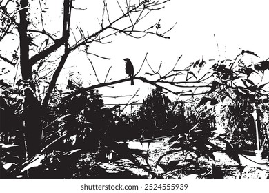 A bird perches on a tree branch in a sunny garden with red leaves. 