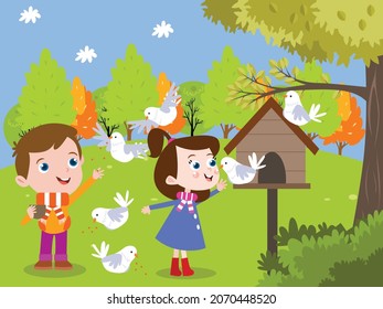 Bird pet vector concept. Two happy children feeding birds while standing together at the park