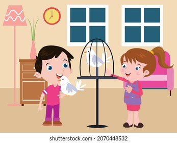 Bird pet vector concept. Two happy children playing with their birds while standing in the living room