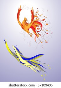 Bird Phoenix and the Bluebird of happiness, vector illustration