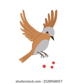 Сute bird picks berries in flight. Vector illustration on a white background.