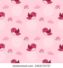 Bird pink cartoon so cute. On cloud flower pink background. Pattern seamless vector illustration. 

