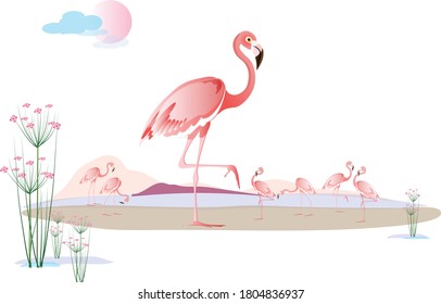 Bird pink flamingo on the seashore or lake and a flock of flamingos in the back against the background of mountains with flowering plants around. Vector picture for design.