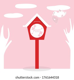 A bird with a pink sky background and a classic red postbox.