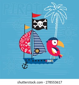 bird with pirate ship, T-shirt design vector illustration