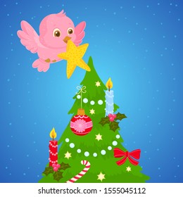 Bird placing a star on a christmas tree