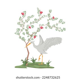 Bird and plant. Heron stands next to tree with red fruits, apples. Poster or banner for website. Flora and fauna, Asian nature and style. Gardening and wildlife. Cartoon flat vector illustration