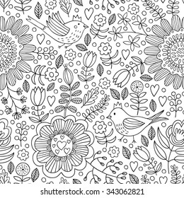 Bird and plant seamless doodle pattern. Vector illustration. 