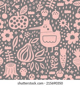 Bird and plant seamless pattern. Vector illustration.