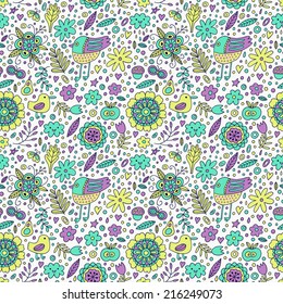 Bird and plant seamless pattern. Vector illustration. 