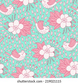 Bird and plant seamless pattern. Vector illustration. 