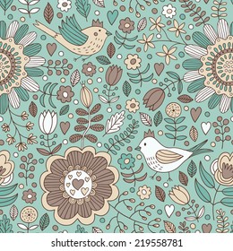 Bird and plant seamless pattern. Vector illustration. 