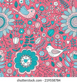 Bird and plant seamless pattern. Vector illustration. 