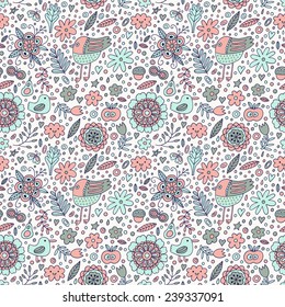 Bird and plant seamless pattern. Vector illustration. 