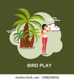 Bird play with young beautiful girl holding bird on hands with tree flat concept design