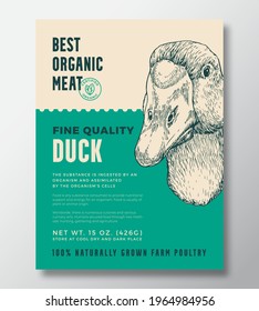 Bird Portrait Organic Meat Abstract Vector Packaging Design or Label Template. Farm Grown Poultry Banner. Modern Typography and Hand Drawn Duck or Goose Head Sketch Background Layout with Soft Shadow.