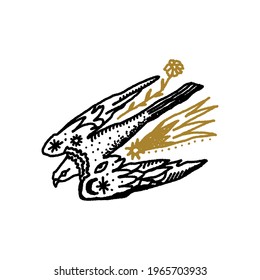 Bird of pray falcon boho magical vintage distressed art symbol or label. Vector illustration