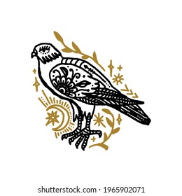 Bird of pray falcon boho magical vintage distressed art symbol or label. Vector illustration