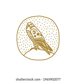 Bird of pray falcon boho magical vintage distressed art symbol or label. Vector illustration