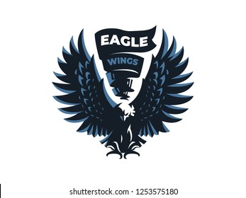 Bird of prey, eagle or hawk with outstretched wings and flag. Vector illustration.