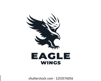 Bird of prey, eagle or hawk with outstretched wings and sun. Vector illustration.