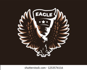 Bird of prey, eagle or hawk with outstretched wings and flag. Vector illustration.