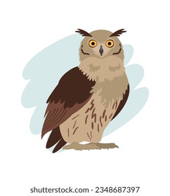 Bird of prey Eurasian eagle owl. Vector flat cartoon illustration on the background of a yellow spot by hand