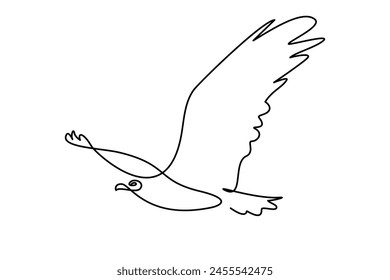 Bird of prey flying in continuous line art drawing style. Eagle in flight black linear design isolated on white background. Vector illustration