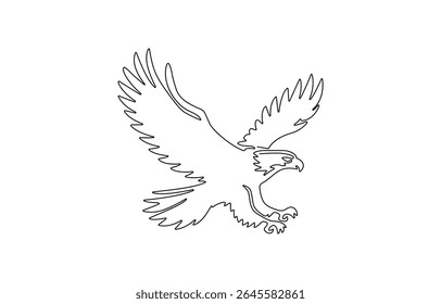 Bird of prey flying in continuous line art drawing style. Eagle in flight black linear design, Flying eagle simple line art illustration. Continuous one line draw.