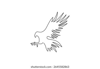 Bird of prey flying in continuous line art drawing style. Eagle in flight black linear design, Flying eagle simple line art illustration. Continuous one line draw.