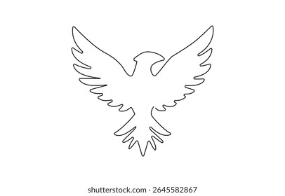 Bird of prey flying in continuous line art drawing style. Eagle in flight black linear design, Flying eagle simple line art illustration. Continuous one line draw.