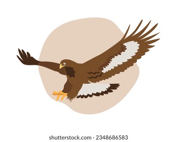 Bird of prey golden eagle. Vector flat cartoon illustration on freehand green spot background