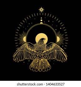 Bird of prey and halo. Vector hand drawn illustration