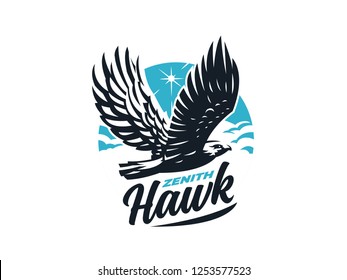 Bird of prey hawk with outstretched wings. Sun and clouds. Vector illustration.