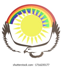 Bird of prey hawk with outstretched wings on a background of sky, sun and rainbow. Vector illustration